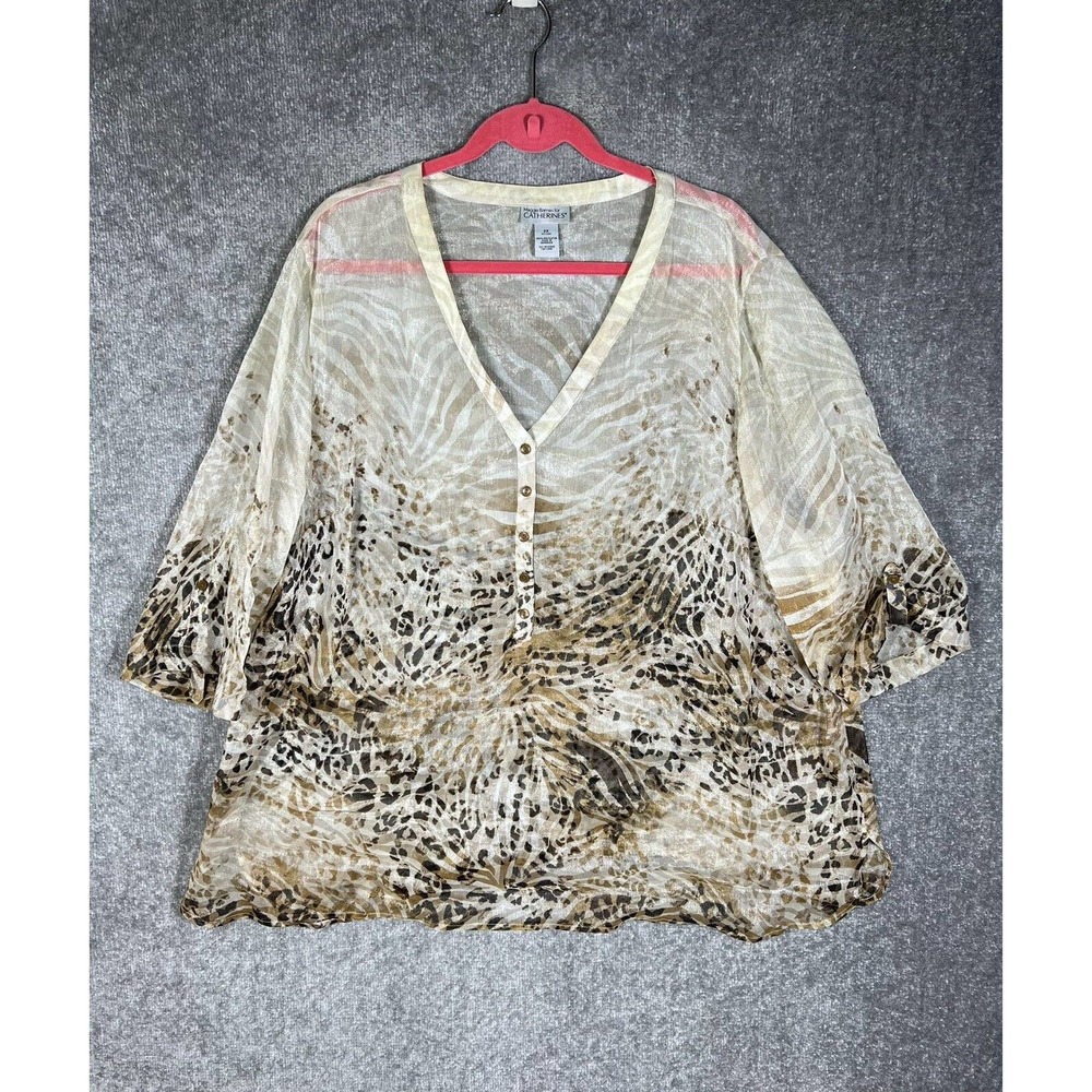 Maggie Barnes for Catherines Sheer Animal Print Top Womens 2X 22/24W 3/4 Sleeve‎